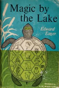 Original cover of Magic by the Lake by Edward Eager, turtle in lake with children's faces superimposed.
