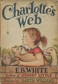 Original cover of Charlotte's Web by E.B. White, Charlotte, Fern, Wilbur, sheep, and goose.