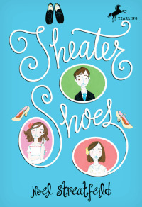Cover of Noel Streatfeild's Theater Shoes, cameos of three children against blue background.