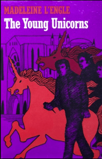 Cover of The Young Unicorns by Madeleine L'Engle, young man in front of red unicorn